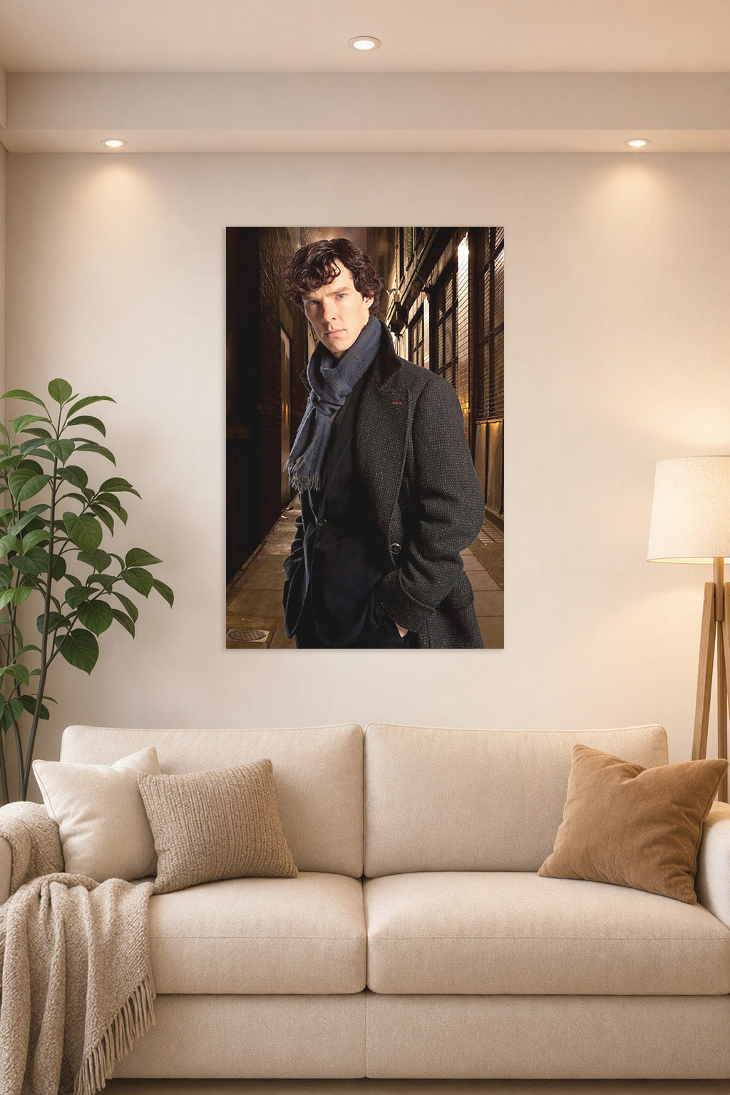 Sherlock Holmes in a bright living room above a beige sofa.