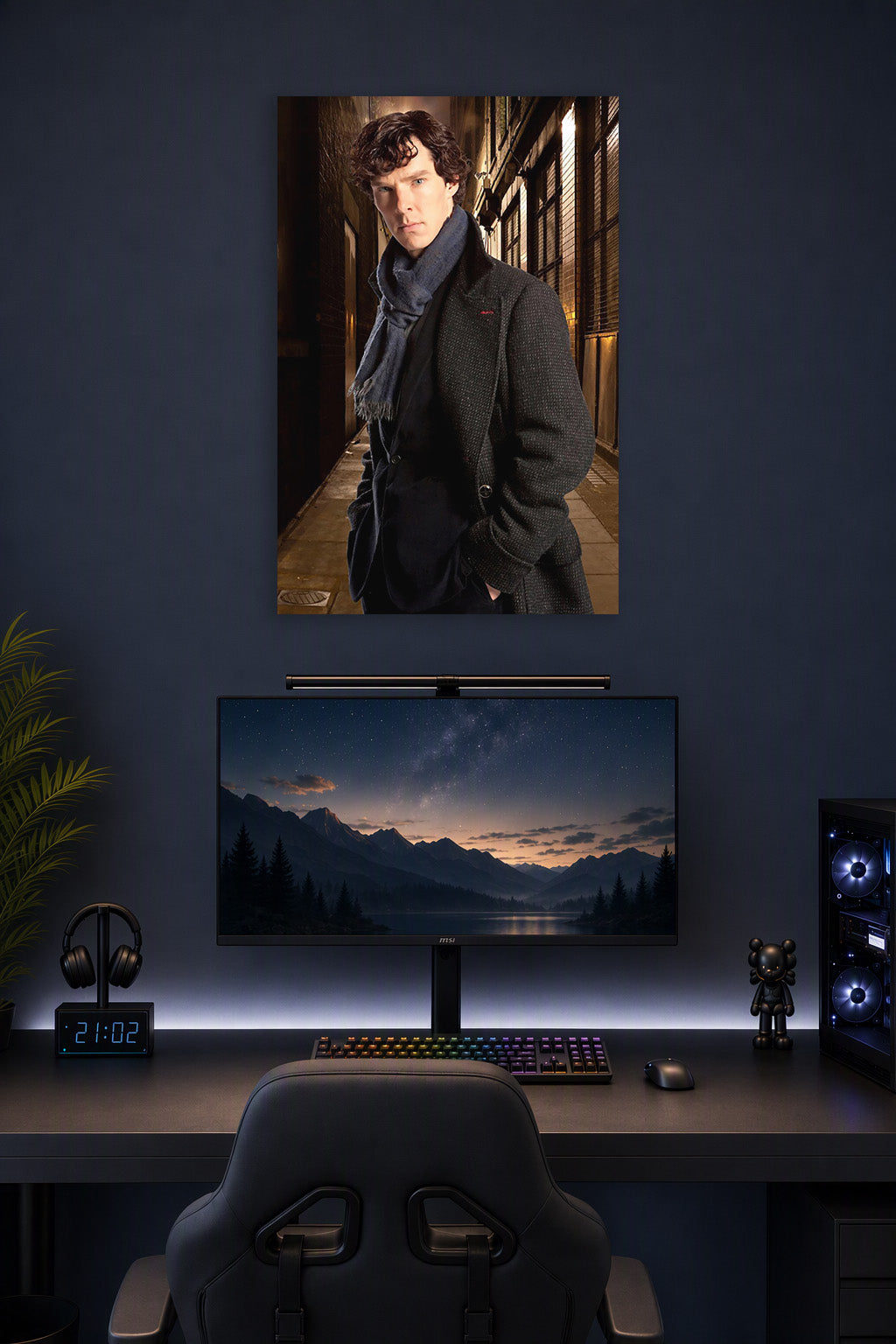 Sherlock Holmes in a gaming desk setup above a monitor.