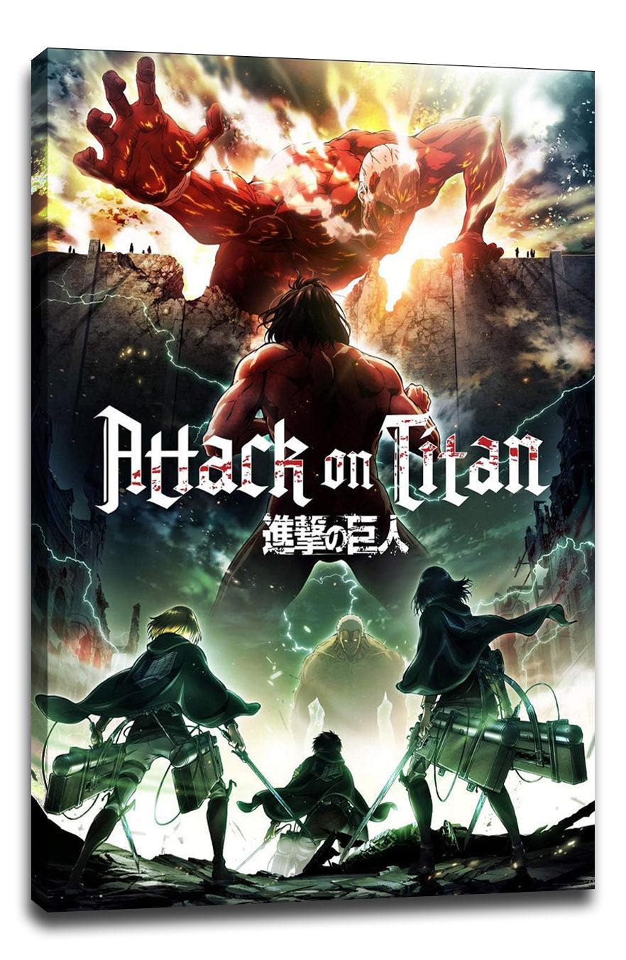 Attack on Titan canvas wall art print featuring a red Titan reaching over the wall, soldiers below, lightning, and the series title.