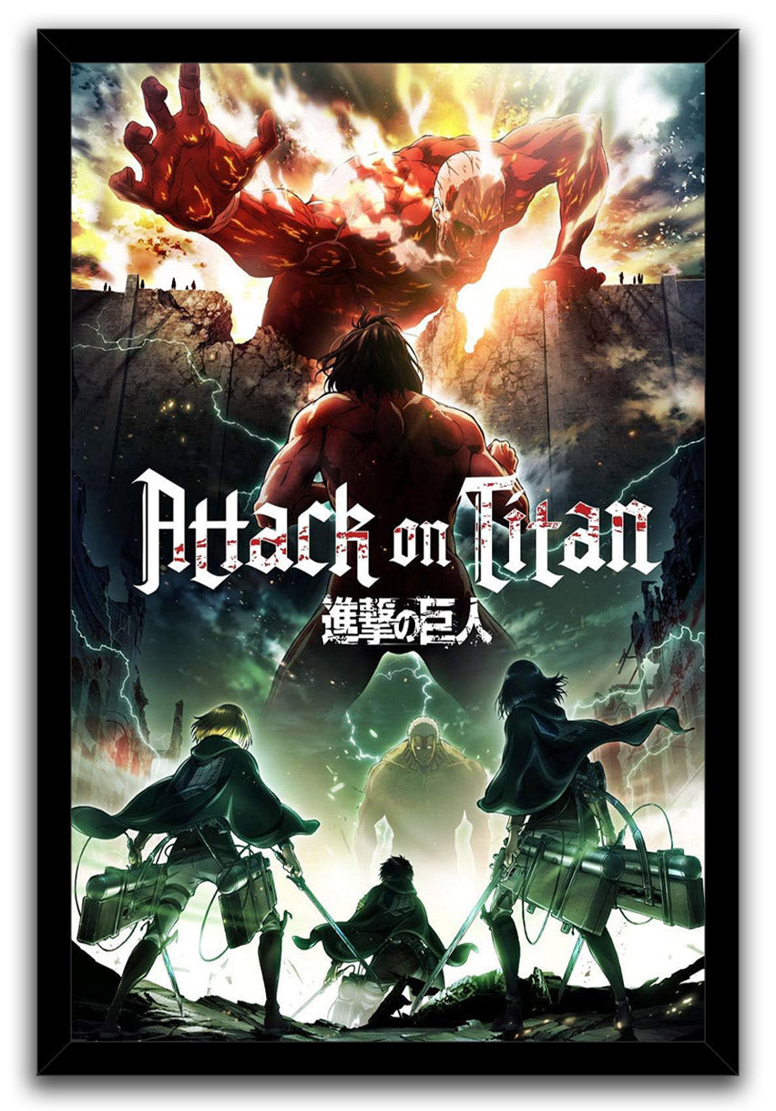 Attack on Titan framed wall art print with red Titans, a broken city wall, armed cloaked soldiers, and dramatic stormy light.