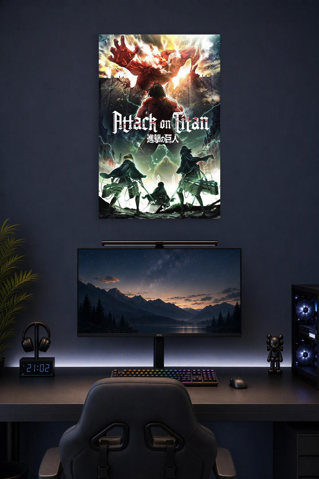 Shingeki no Kyojin Attack on Titan Anime B004008U2Q in a gaming desk setup above a monitor.
