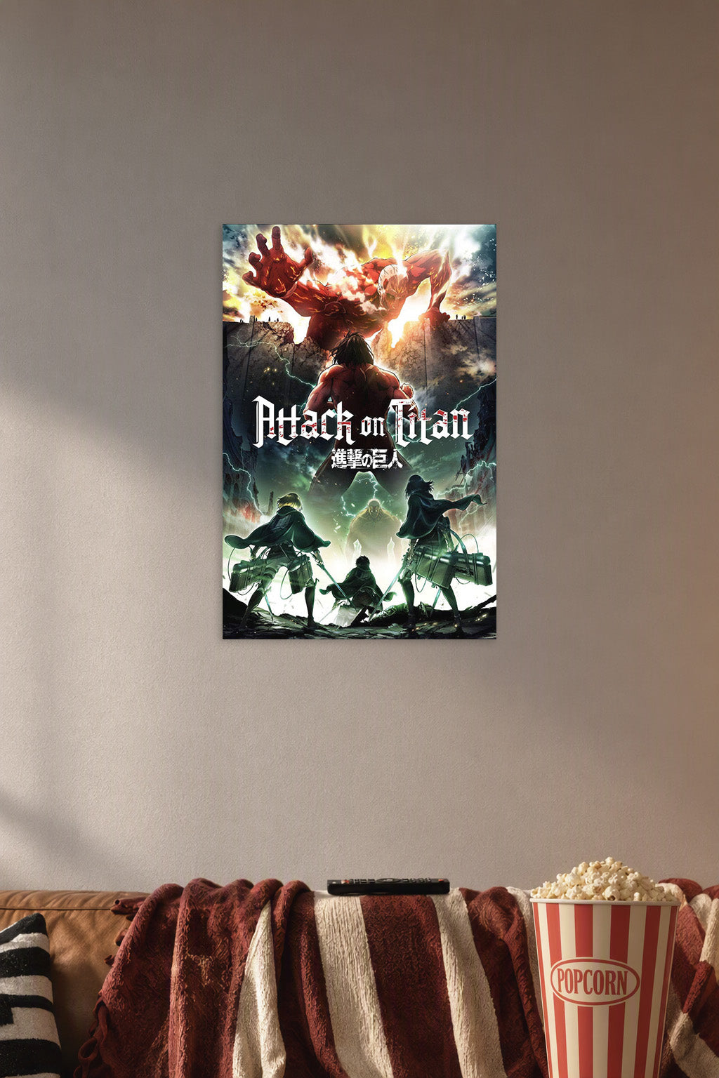 Shingeki no Kyojin Attack on Titan Anime B004008U2Q in a cozy movie room above a brown sofa with popcorn.
