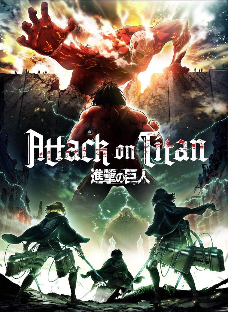 Attack on Titan poster featuring towering red Titans above a shattered wall as three cloaked soldiers stand with gear and blades.
