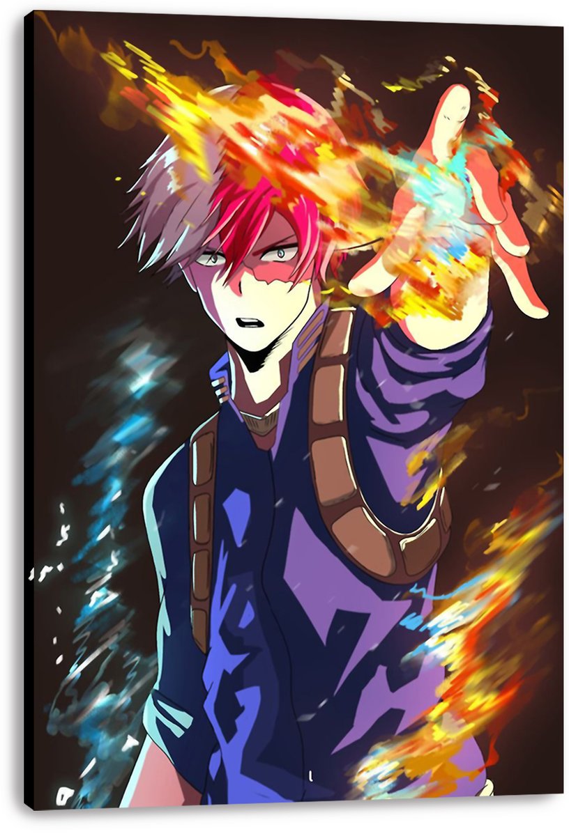 Shoto Todoroki canvas wall art print features the hero in a purple uniform with a raised hand, surrounded by fire and ice effects.