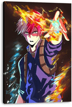 Shoto Todoroki canvas wall art print features the hero in a purple uniform with a raised hand, surrounded by fire and ice effects.