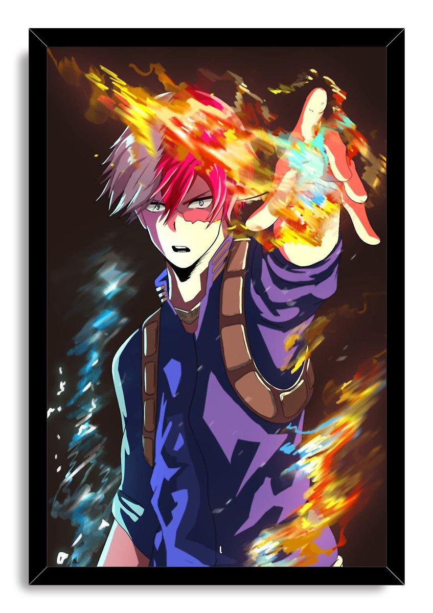 Shoto Todoroki framed wall art print portrays the anime character extending his hand through vivid orange flames and blue ice streaks.