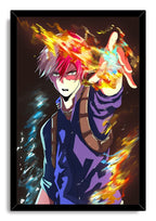 Shoto Todoroki framed wall art print portrays the anime character extending his hand through vivid orange flames and blue ice streaks.