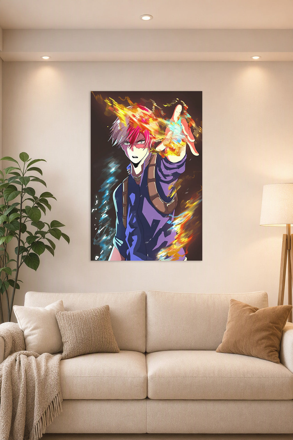Shoto Todoroki My Hero Academia in a bright living room above a beige sofa.