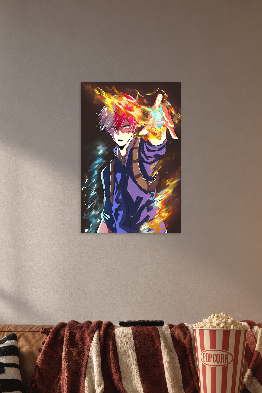Shoto Todoroki My Hero Academia in a cozy movie room above a brown sofa with popcorn.