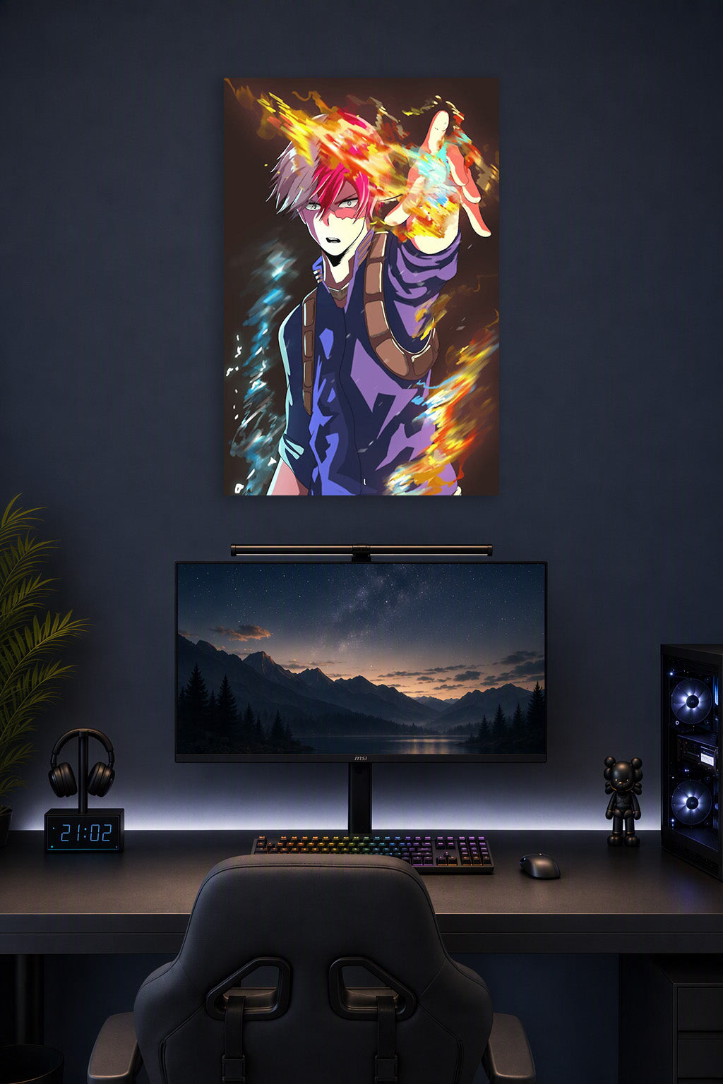 Shoto Todoroki My Hero Academia in a gaming desk setup above a monitor.