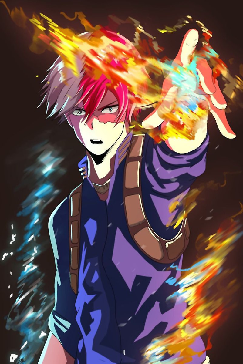 Shoto Todoroki wall art print depicts the anime hero reaching forward amid orange fire streaks and icy blue energy.