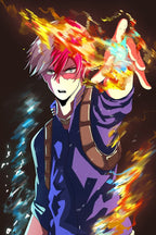 Shoto Todoroki wall art print depicts the anime hero reaching forward amid orange fire streaks and icy blue energy.