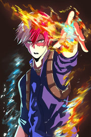 Shoto Todoroki wall art print depicts the anime hero reaching forward amid orange fire streaks and icy blue energy.