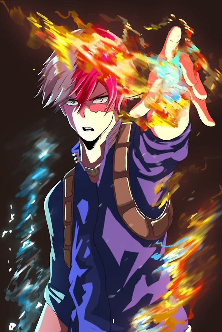 Shoto Todoroki wall art print depicts the anime hero reaching forward amid orange fire streaks and icy blue energy.