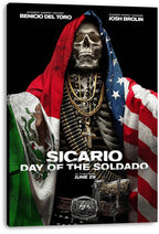 Sicario: Day of the Soldado canvas wall art print features a flag-draped skeleton, bullet belt, cross necklace, and bold white title text.