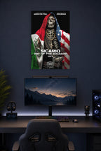 Sicario Day of the Soldado Movie Poster in a gaming desk setup above a monitor.