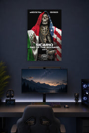 Sicario Day of the Soldado Movie Poster in a gaming desk setup above a monitor.