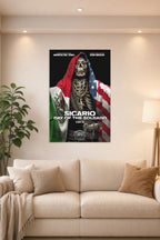 Sicario Day of the Soldado Movie Poster in a bright living room above a beige sofa.