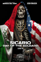 Sicario: Day of the Soldado movie poster depicts a skeletal figure draped in Mexican and American flags with ammunition and gold chains.
