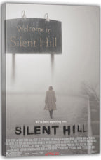 Silent Hill canvas wall art print featuring a foggy road, a woman in a beige coat, and the town welcome sign.