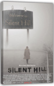 Silent Hill canvas wall art print featuring a foggy road, a woman in a beige coat, and the town welcome sign.