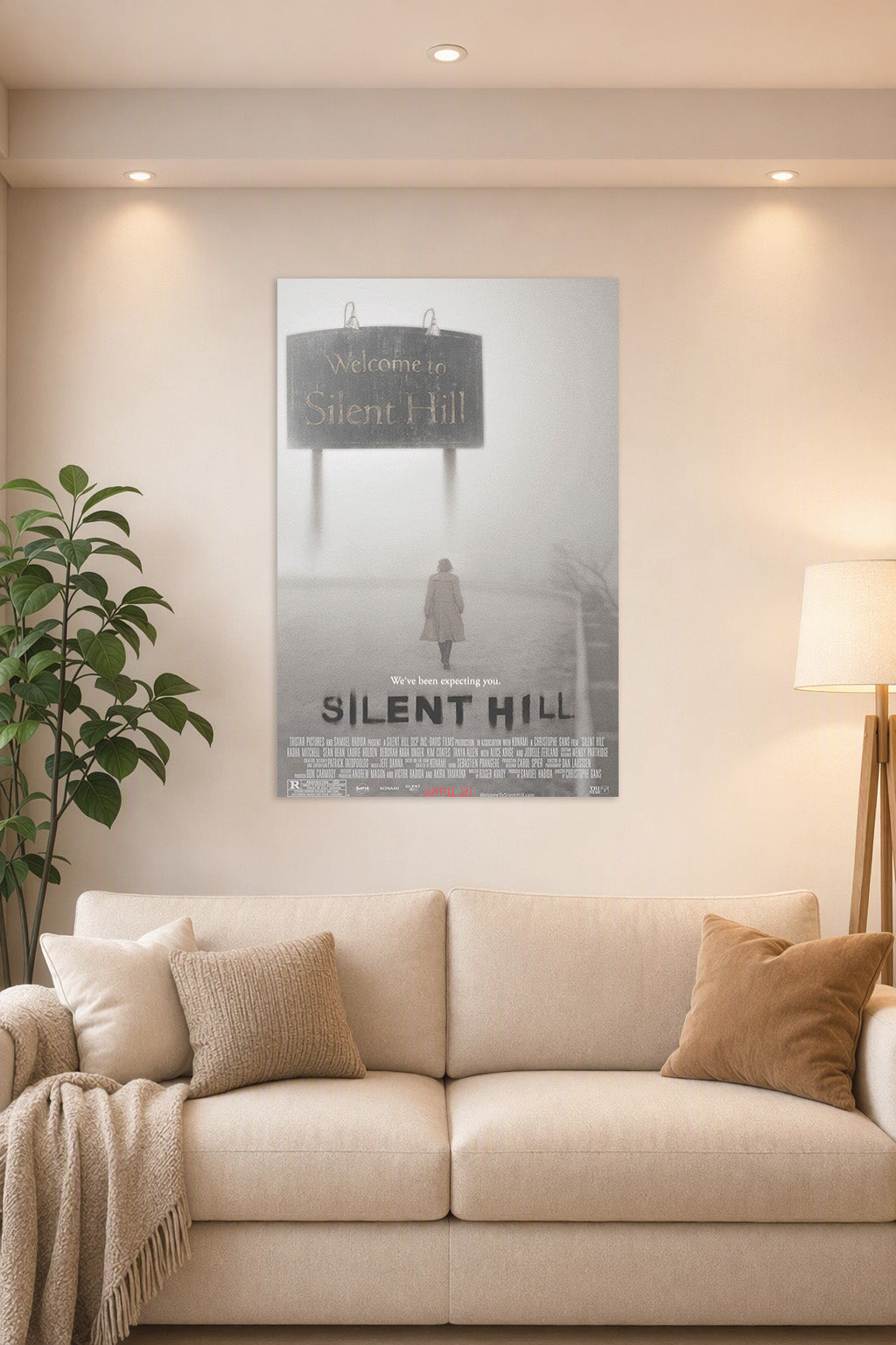 Silent Hill Movies in a bright living room above a beige sofa.