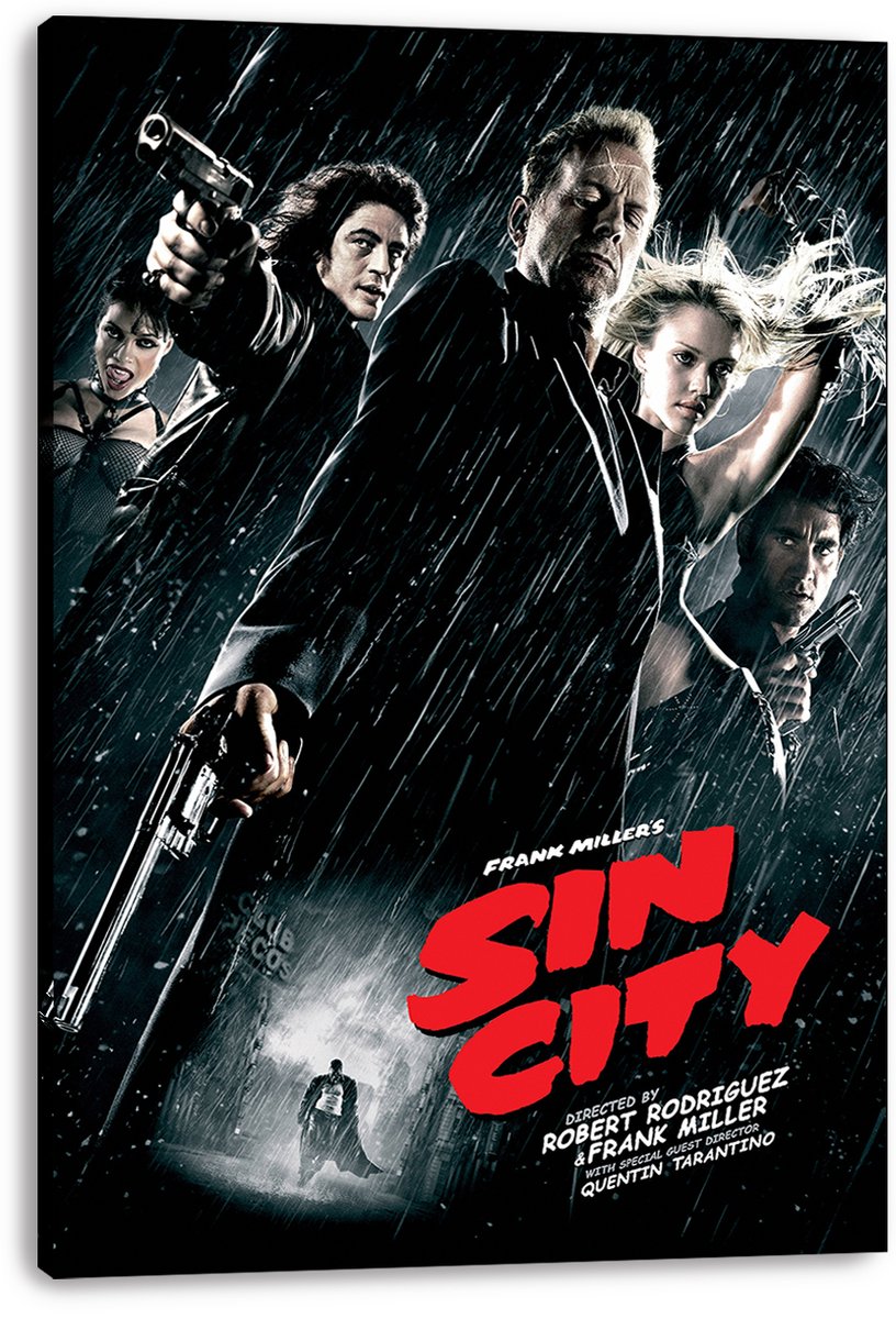 Sin City wall art print on a thick black-edged canvas features armed noir figures in rain and a vivid red title.