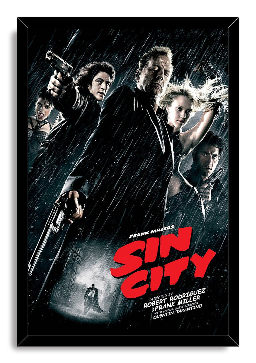 Sin City framed wall art print depicts a rain-soaked cast of noir characters with firearms, set in a black frame with red lettering.