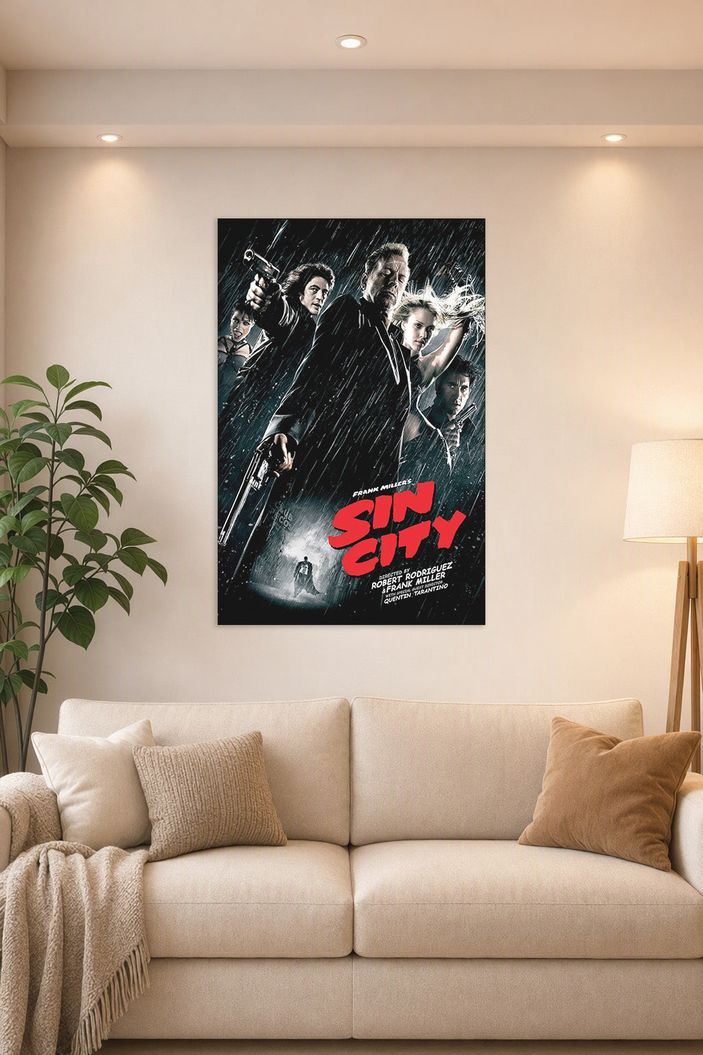Sin City Movie Poster in a bright living room above a beige sofa.