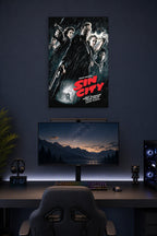 Sin City Movie Poster in a gaming desk setup above a monitor.