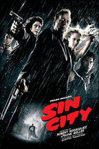 Sin City poster features five noir characters with guns beneath heavy rain, with a bold red title on a dark city backdrop.