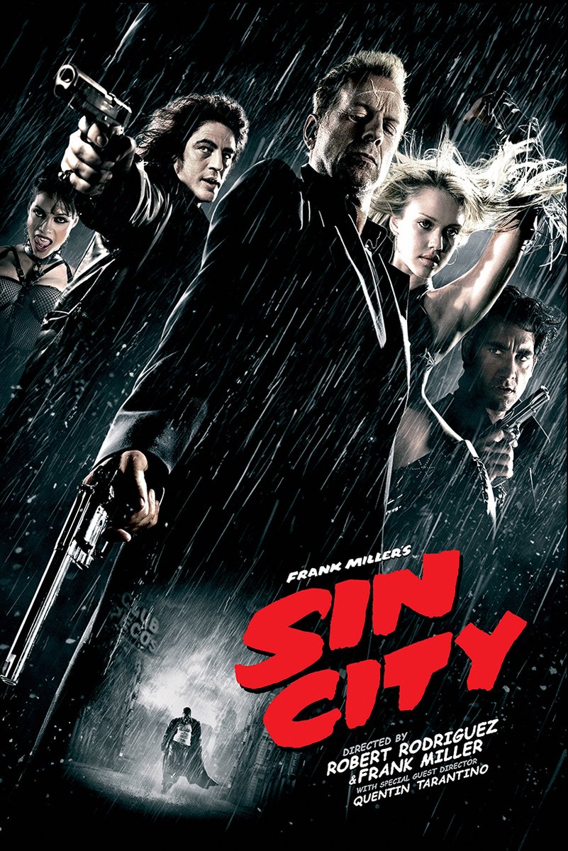 Sin City poster features five noir characters with guns beneath heavy rain, with a bold red title on a dark city backdrop.