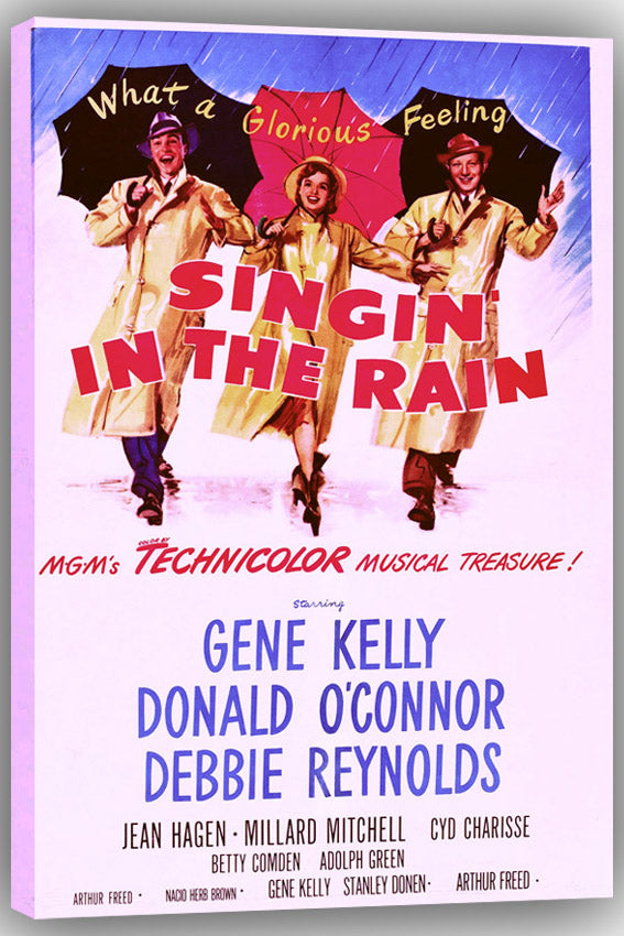 Singin' in the Rain wall art print featuring three yellow-coated dancers with umbrellas, bold red title lettering, and cast names.
