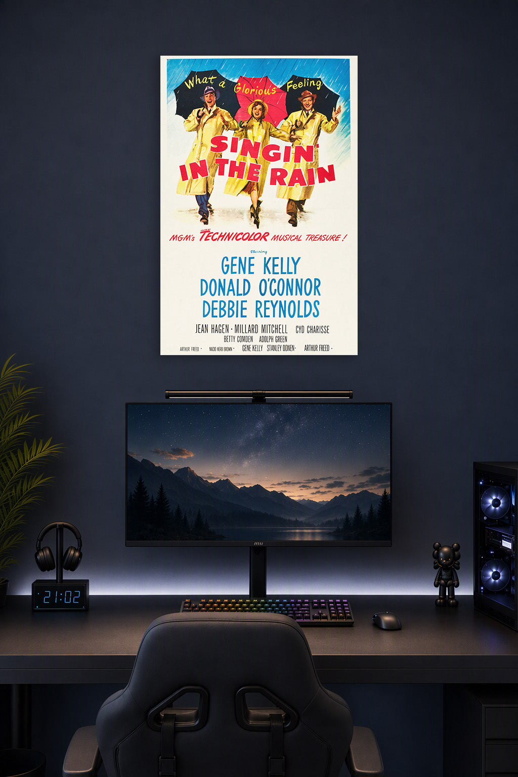 Singin' in The Rain Movies in a gaming desk setup above a monitor.