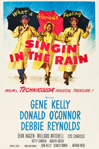 Singin' in the Rain poster with three performers in yellow raincoats holding black and red umbrellas beneath blue rain.
