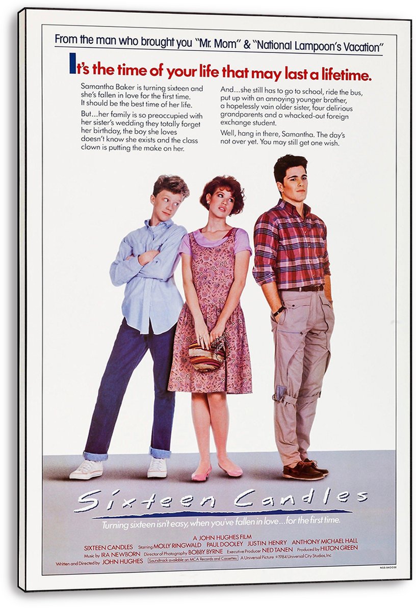 Sixteen Candles movie poster canvas print displaying three teen characters beneath red and black promotional text on white.