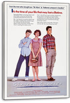 Sixteen Candles movie poster canvas print displaying three teen characters beneath red and black promotional text on white.