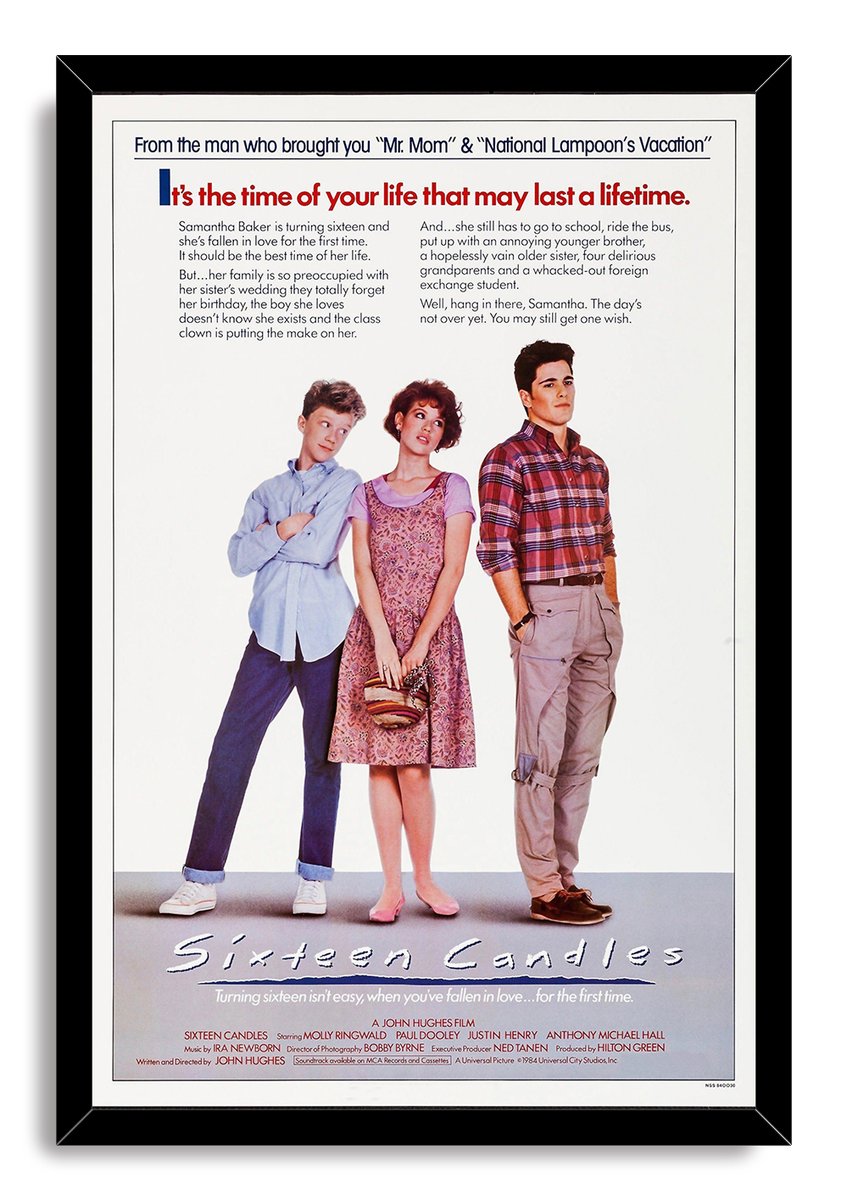 Sixteen Candles movie poster wall art print framed in black, featuring three teens and the handwritten-style title.
