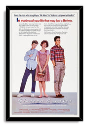 Sixteen Candles movie poster wall art print framed in black, featuring three teens and the handwritten-style title.