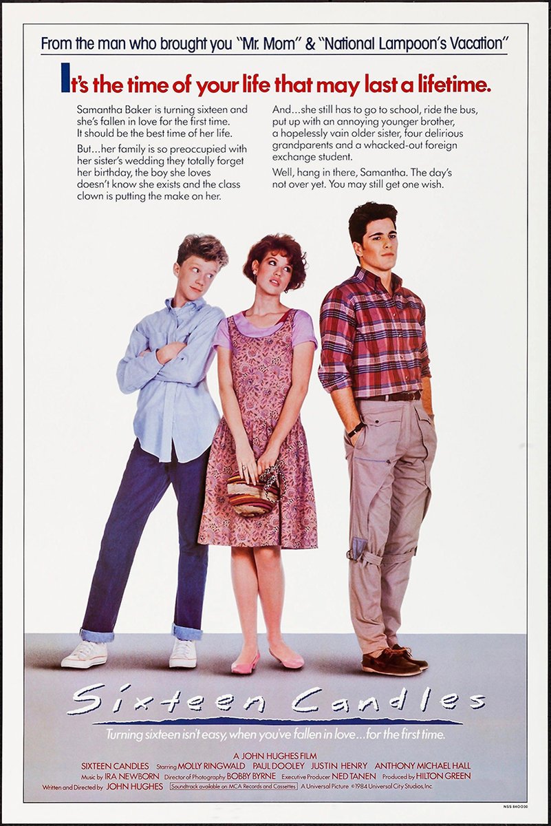 Sixteen Candles movie poster wall art print with three teens on white, red tagline text, and gray title panel.
