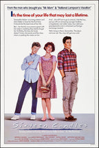 Sixteen Candles movie poster wall art print with three teens on white, red tagline text, and gray title panel.