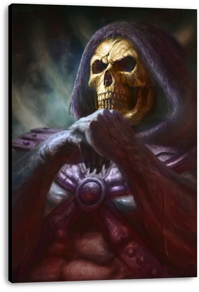 Skeletor canvas wall art print presents the hooded skull villain with crossed hands and a round purple chest emblem.