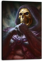 Skeletor canvas wall art print displays a hooded golden skull and crossed gloved hands, with dark purple armor and smoky shadows.