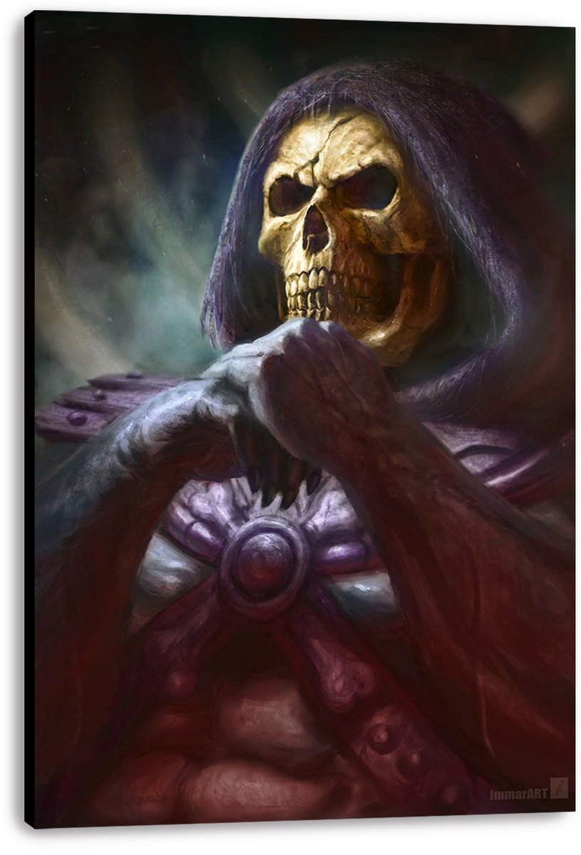 Skeletor canvas wall art print displays a hooded golden skull and crossed gloved hands, with dark purple armor and smoky shadows.