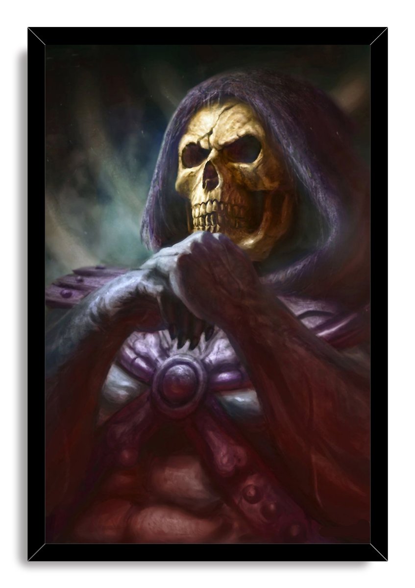 Skeletor framed wall art print features a gold skull face, purple hood, dark gloves, and armor against a smoky backdrop.