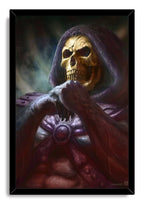 Skeletor framed wall art print features a gold skull in a violet cowl, clasped hands, ornate armor, and a black border.