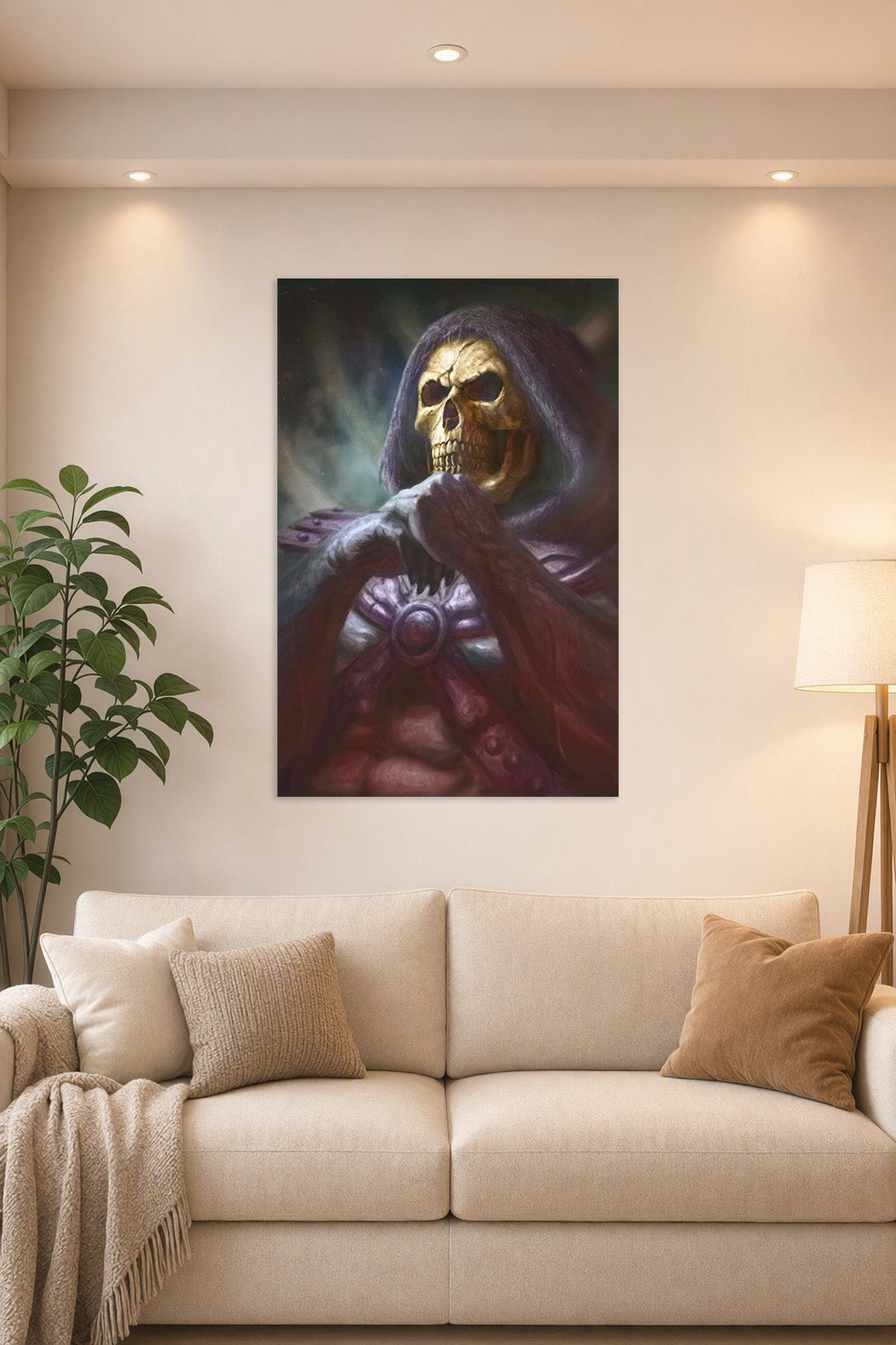 Skeletor in a bright living room above a beige sofa.