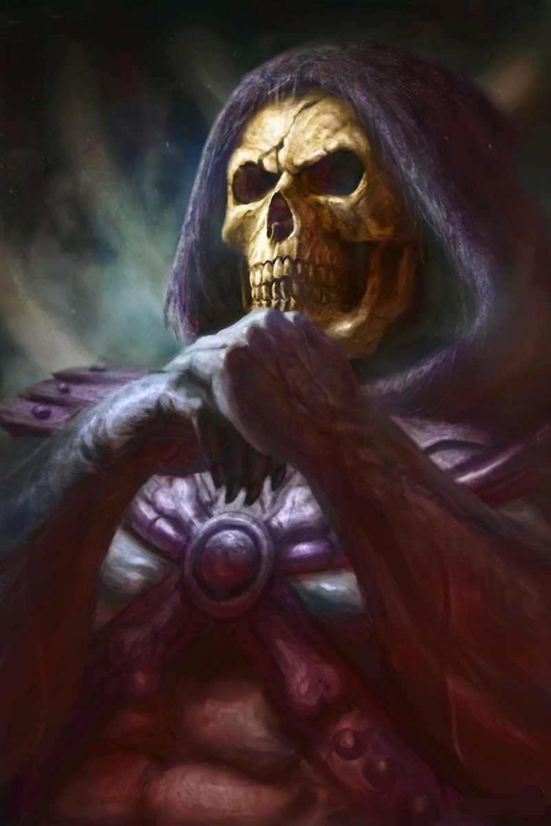 Skeletor wall art print depicts a skull-faced warrior in a deep purple hood, clasping gloved hands over purple armor.