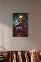 Skeletor in a cozy movie room above a brown sofa with popcorn.