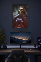 Skeletor in a gaming desk setup above a monitor.
